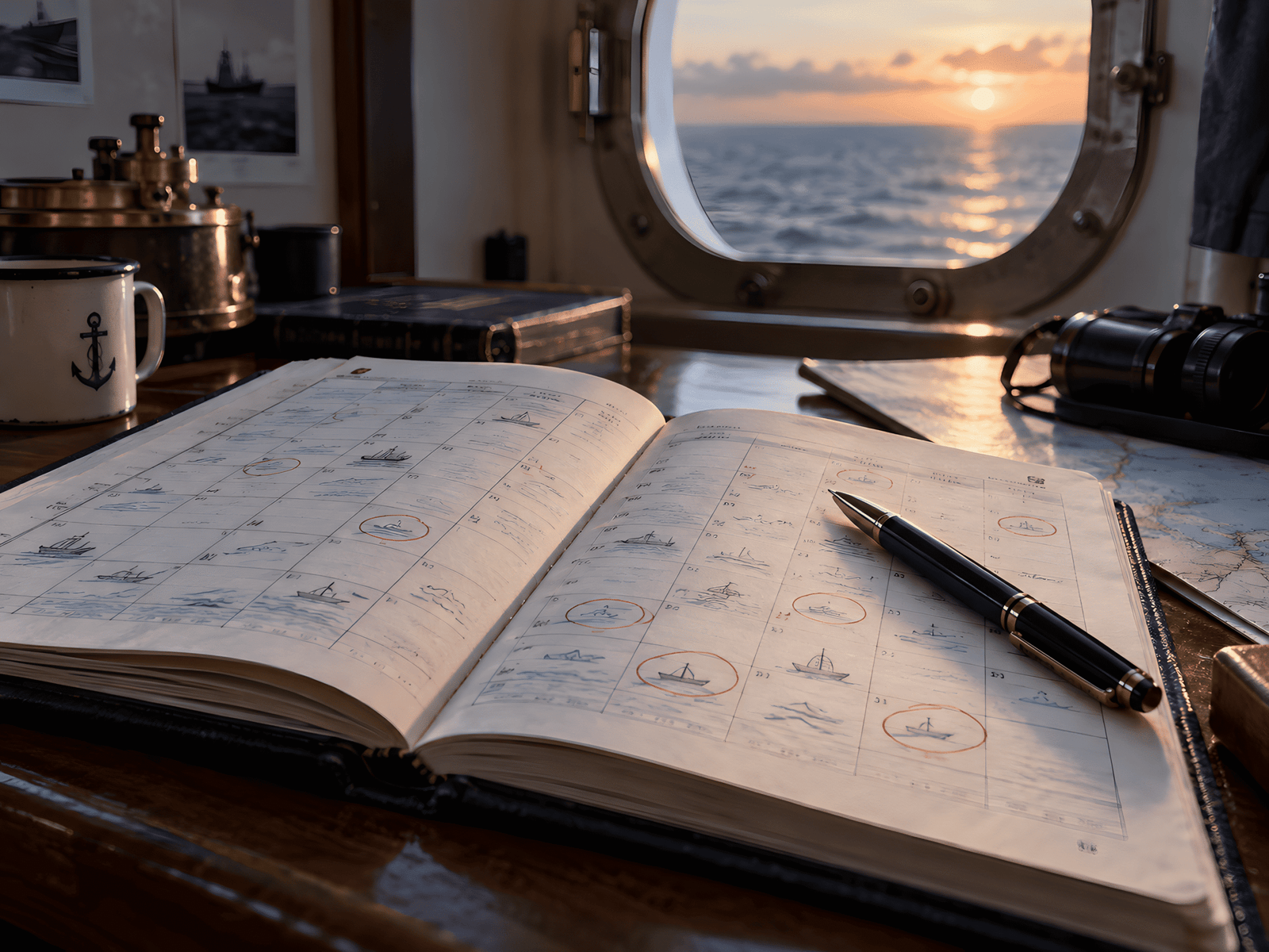 Seafarer's logbook or calendar with voyage dates marked
