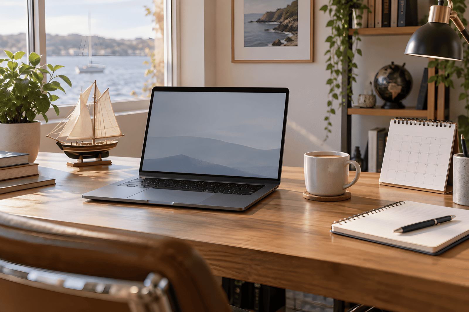Organised desk with laptop, calendar, coffee and ship model