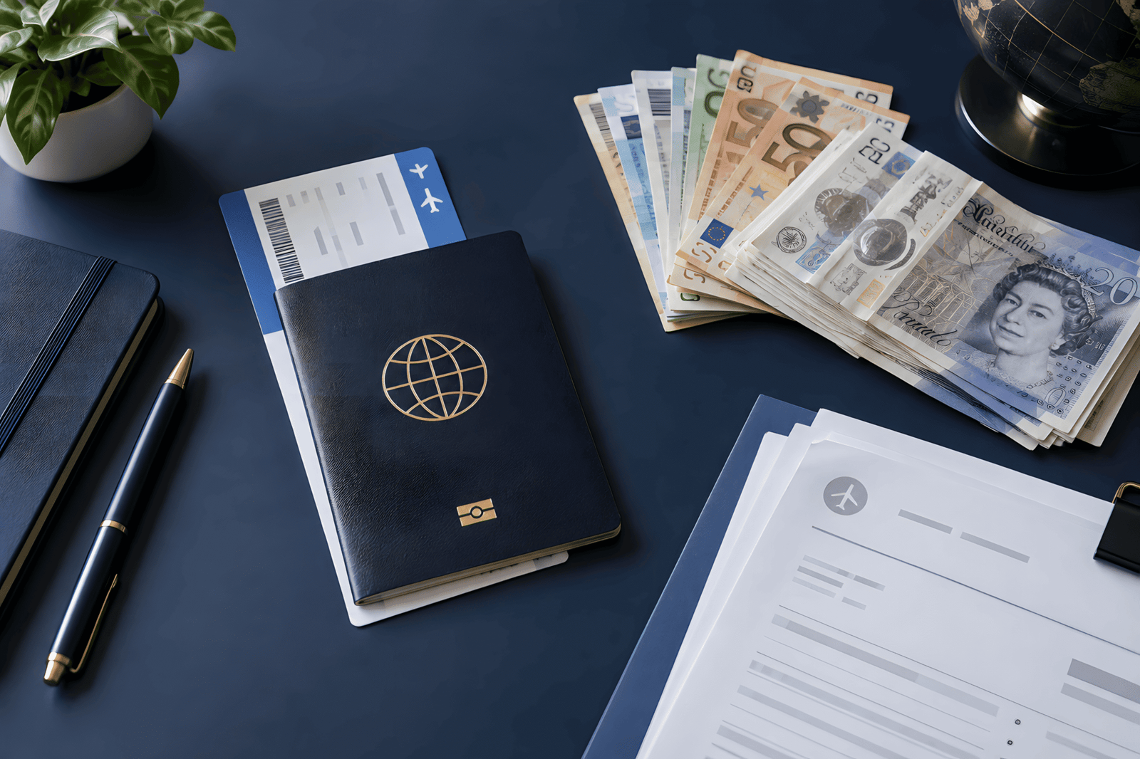 Passport, boarding pass, UK and foreign currency, and paperwork representing cross-border earnings